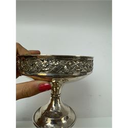 Arts & Crafts silver on copper pedestal dish, the circular bowl with hammered finish, and pierced foliate rim, upon a knopped stem, impressed 1665, H11cm