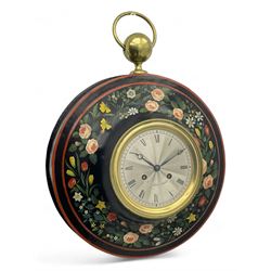 Honore Pons of Paris -  A good and early 19th century Tole Ware wall clock c1830, with a later re-decorated case suspended from a circular brass hanger, cast brass dial bezel and silvered engine turned dial with roman numerals, minute track and steel moon hands, 8-day twin train countwheel striking movement with a silk suspension, striking the hours and half hours on a bell. With pendulum and key.
