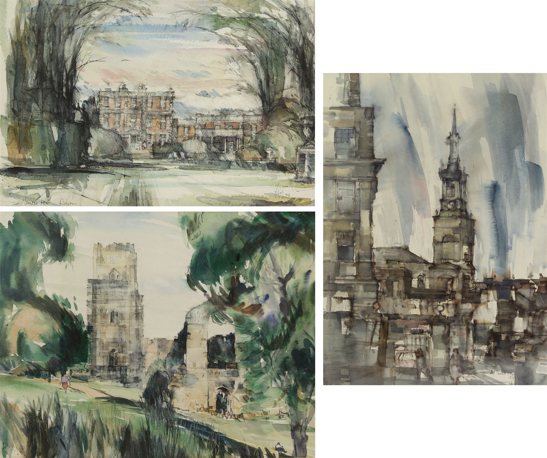 Harold Wharfe (British 20th century): 'Newby Hall - Ripon' 'Fountains Abbey' and 'All Saints Church', three watercolours signed and inscribed max 46cm x 33cm (3)