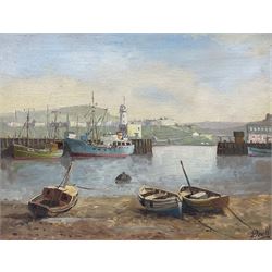 Don Micklethwaite (British 1936-): Scarborough Harbour, oil on board signed 34cm x 44cm