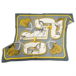 Hermes 'Grand Apparat' silk scarf, in the grey and gold colourway, designed by Jacques Eud...