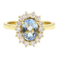 18ct gold oval cut aquamarine and round brilliant cut diamond cluster ring, hallmarked, aquamarine approx 0.85 carat, total diamond weight approx 0.40 carat