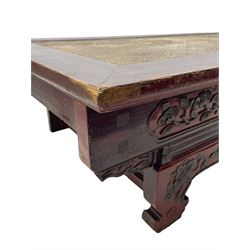 Mid-19th century Qing dynasty opium or wedding bed, Zhejiang province, rectangular top with weave cane work, the frieze rail carved with trailing leafy branches and flower heads, over moulded rail with small drawer, shaped base carved with further tailing foliate decoration terminating to shaped feet, united by stretchers 