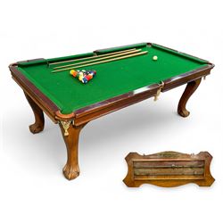 Riley - mahogany slate bed snooker dining table, green baize playing surface fitted with leather net pockets, raised on cabriole supports ending in ball and claw feet; together with set of Riley cues, balls and scoreboard