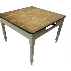 Victorian painted pine kitchen table, polished top on painted base, turned supports