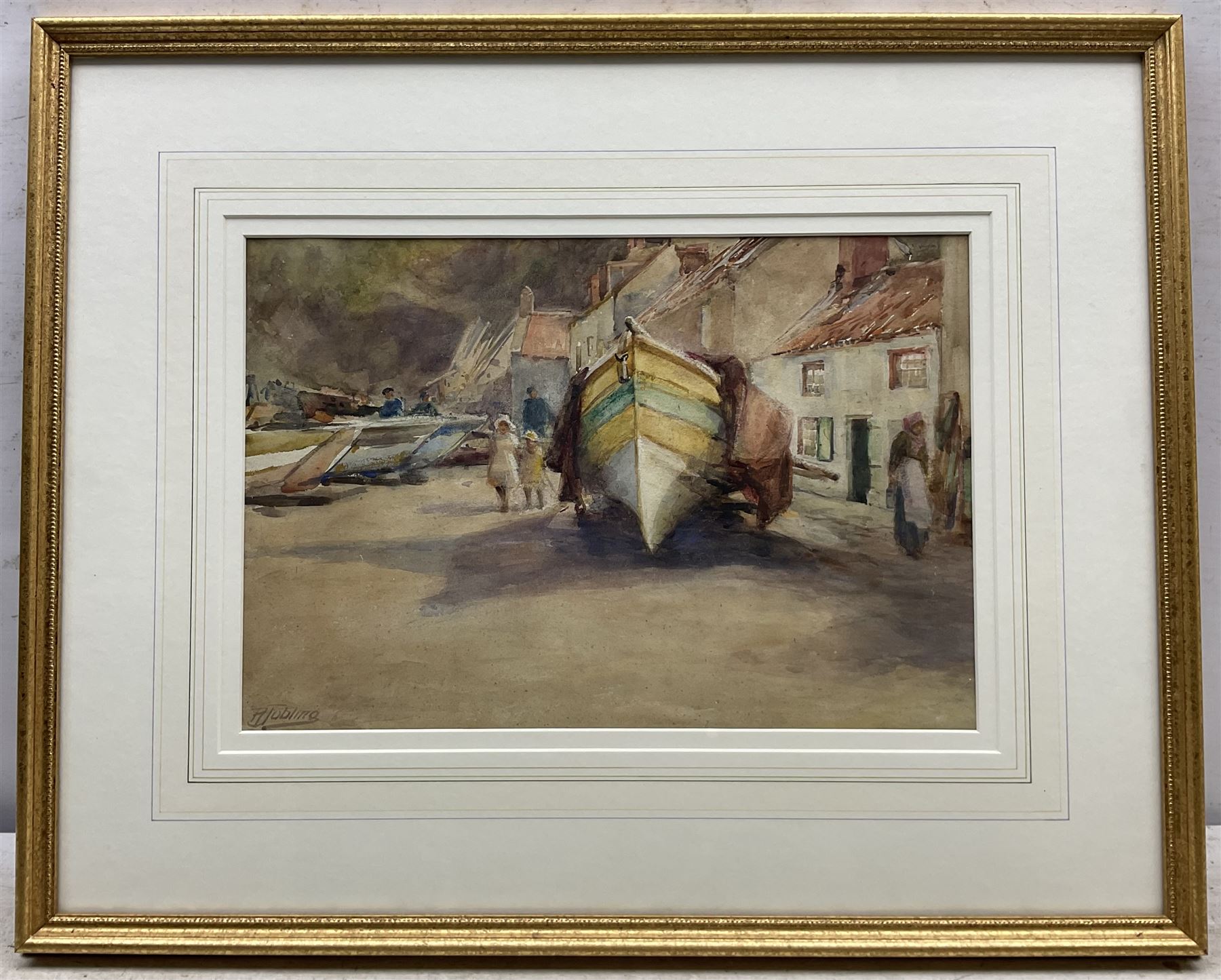 Robert Jobling (Staithes Group 1841-1923): Young Girls and Cobles on Seaton Garth - Staithes, watercolour signed 25cm x 37cm