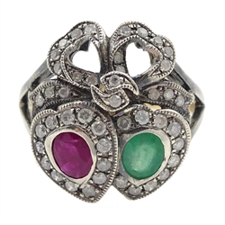 Victorian style gold and silver emerald, ruby and diamond heart design ring, with bow top