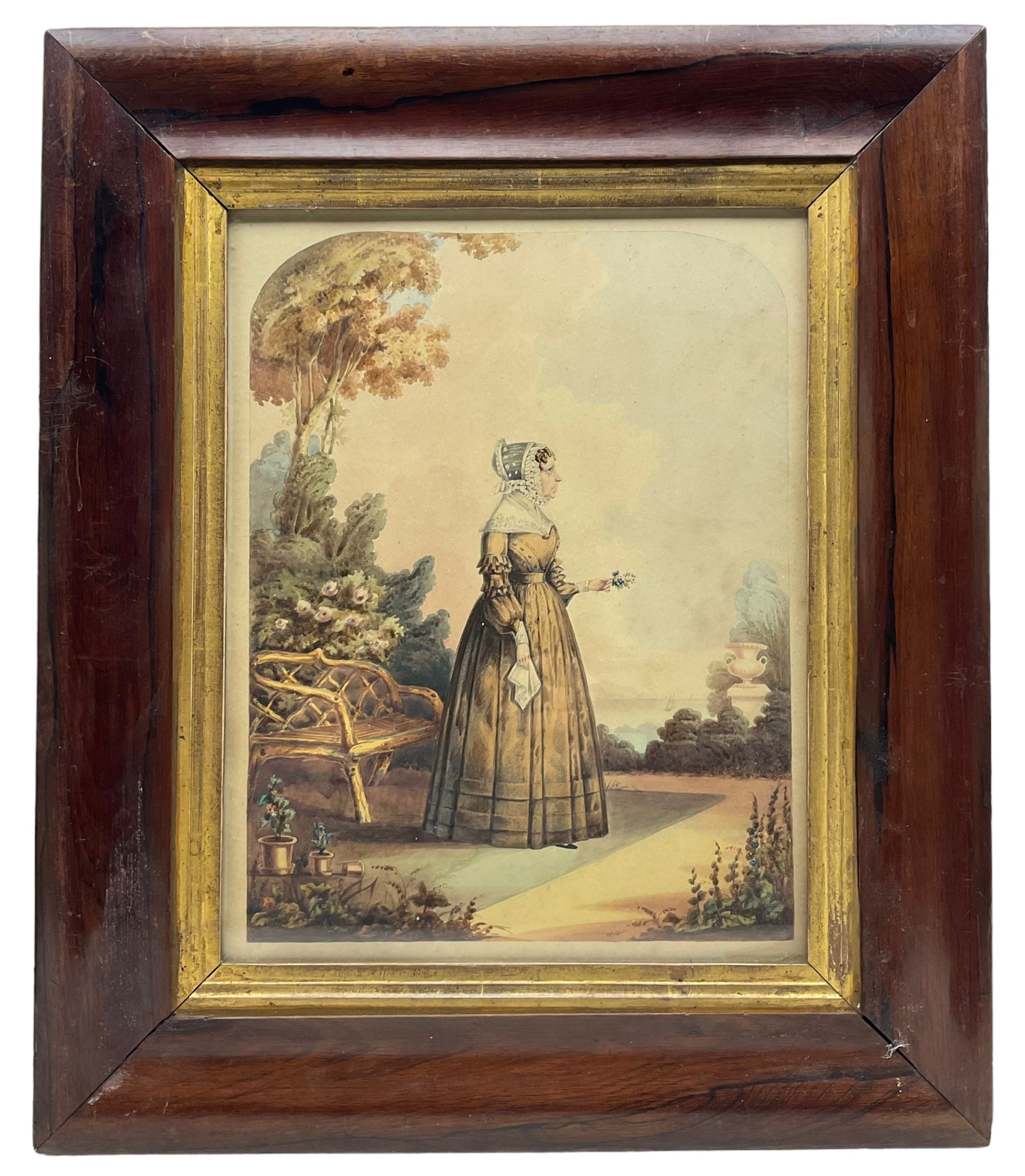 H Gilbert (British Mid-19th century): Full Length Portrait of a Wealthy Lady and Gentleman with the Solent Behind, pair watercolours signed and dated 1843, in matching rosewood frames 34cm x 26cm (2)