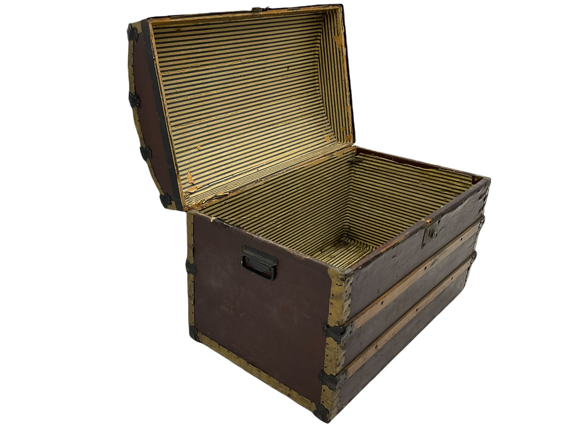 Early to mid 20th century wood and metal bound trunk, with hinged dome lid