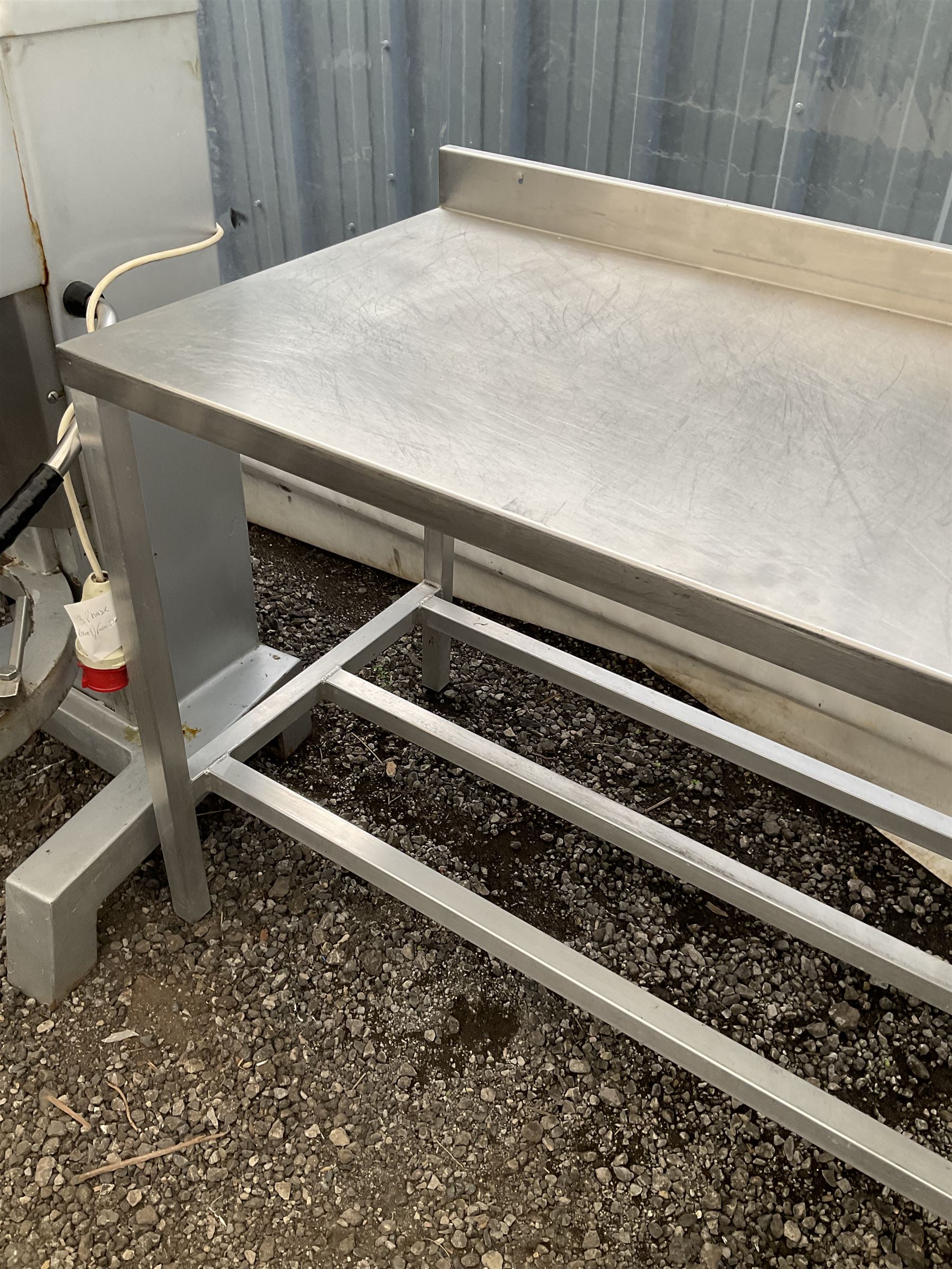 Aluminium framed preparation table with stainless top, barred under-tier, raised back, fixing bolts on top - THIS LOT IS TO BE COLLECTED BY APPOINTMENT FROM DUGGLEBY STORAGE, GREAT HILL, EASTFIELD, SCARBOROUGH, YO11 3TX