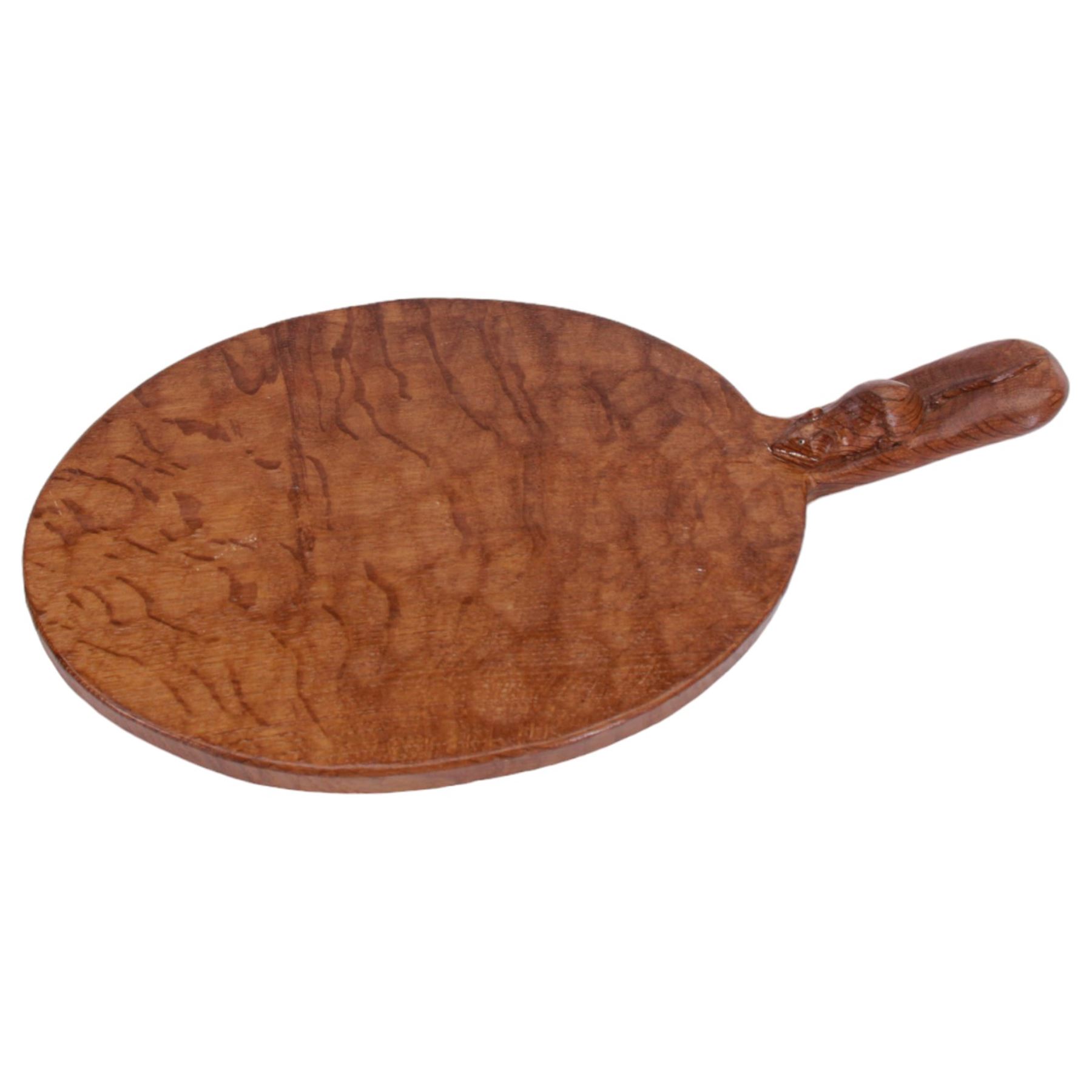 Mouseman - tooled oak cheeseboard, oval form with projecting handle carved with mouse signature, by the workshop of Robert Thompson