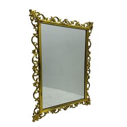 Large giltwood framed rectangular mirror, in Rococo revival design, scrolling foliate frame with gilt finish, plain glass plate