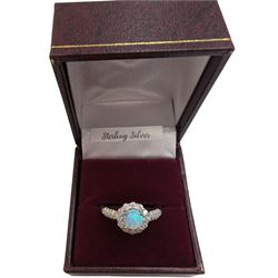 Silver opal and cubic zirconia cluster ring, stamped 925, boxed