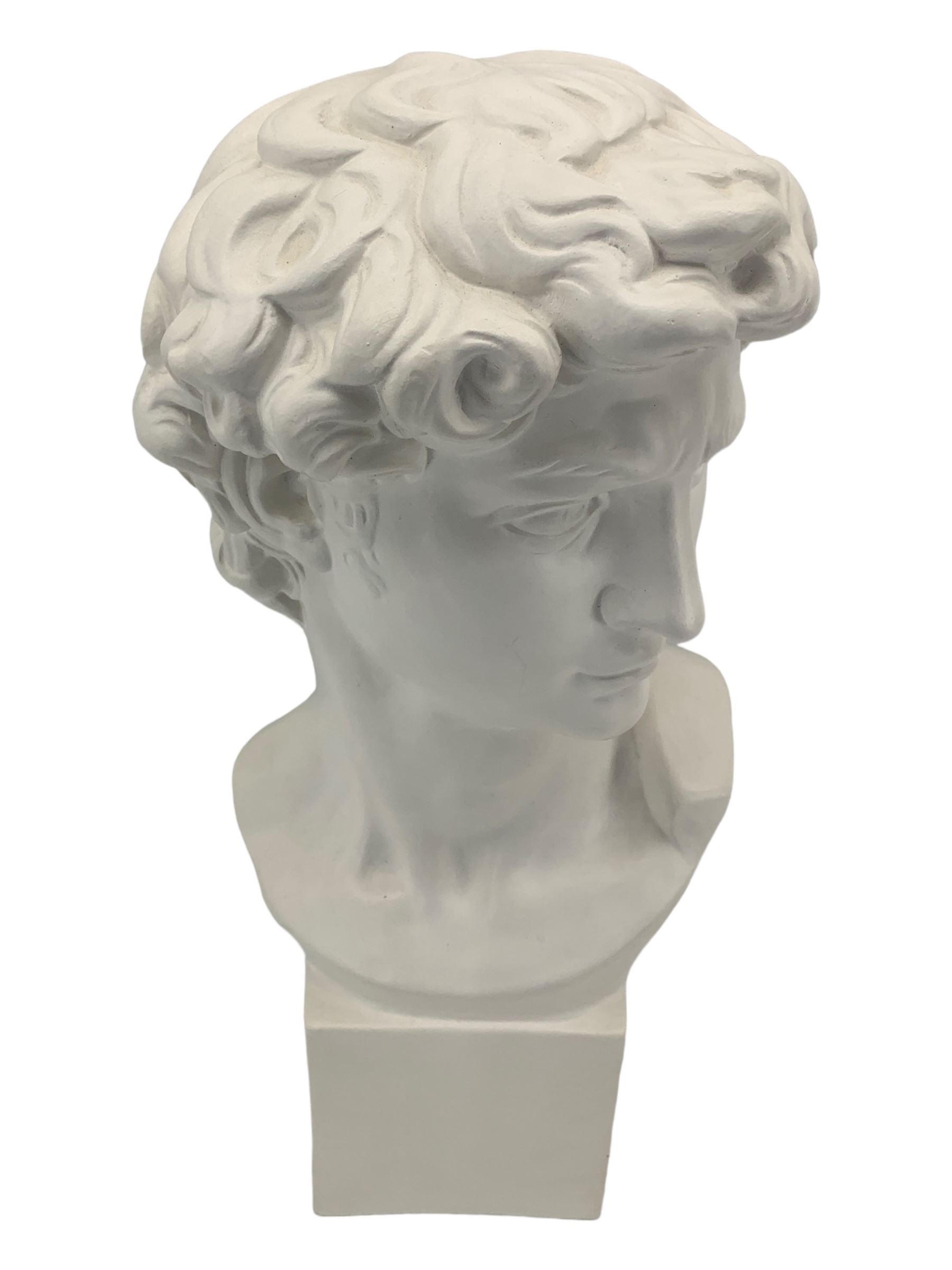 Large plaster bust depicting David, on integral square plinth, H61cm 