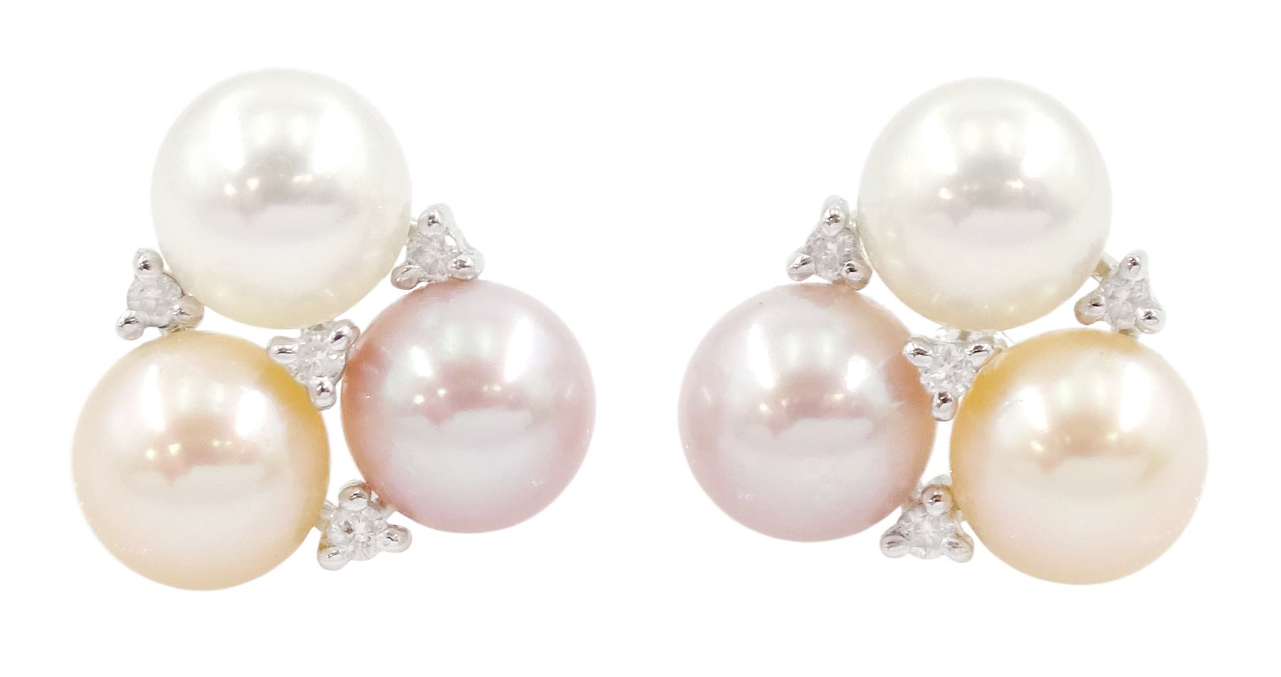 Pair of 18ct white gold three stone peach, pink and white pearl and round brilliant cut diamond cluster stud earrings, Edinburgh 2006