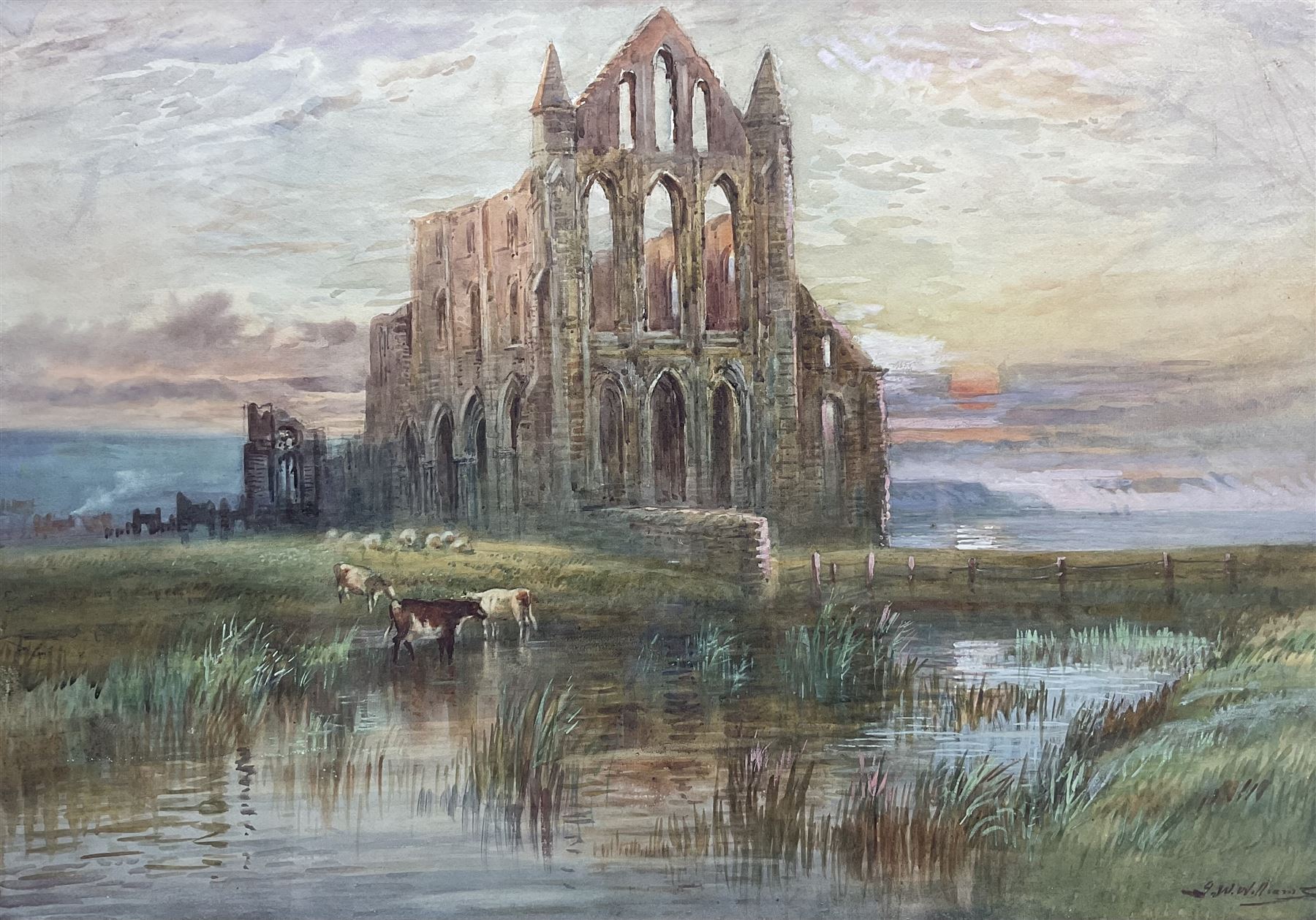 John Wynne Williams (British fl.1900-1920): Cattle Watering at Whitby Abbey, watercolour heightened with white signed 50cm x 73cm