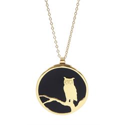 Alastair Norman Grant 14ct gold onyx owl pendant, Edinburgh 1977, on 9ct gold cable link chain necklace