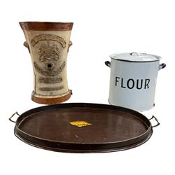 Stoneware water filter by C Sothwean's, together with flour tin and tray 