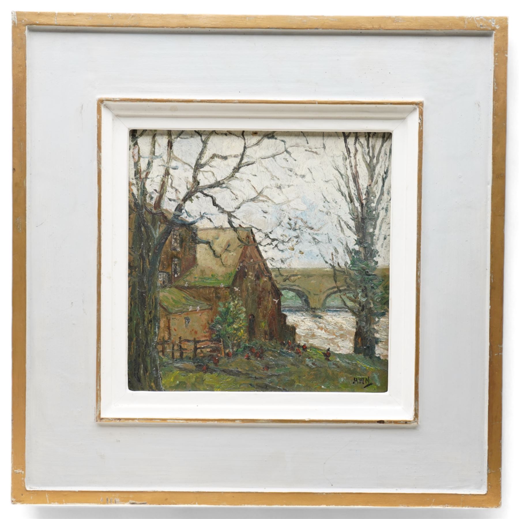 Arthur W Newsholme (British 1920-): Riverside Farmstead with Chickens Feeding, oil on board signed with initials 22cm x 22cm