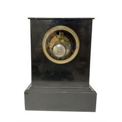 French - late 19th century 8-day mantle clock in a polished Belgium slate case, with a flat top and break front case on a deep plinth, two part enamel dial with a visible Brocot escapement, jewelled pallets and steel moon hands, countwheel striking movement striking the hours and half hours on a bell. With pendulum and key.