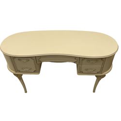 Mid-to-late 20th century cream and gilt kidney-shaped dressing table, fitted with five drawers, on cabriole supports 