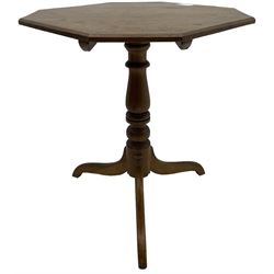 19th century walnut tripod table, square canted tilt-top with chamfered edge, turned pedestal with three splayed supports