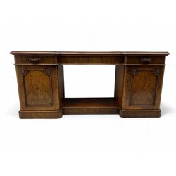 Mid-19th century figured mahogany sideboard, moulded reverse-break front, fitted with thre...