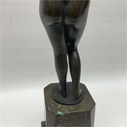 Bronze nude female figure holding a rose, upon a stone plinth, H40cm 