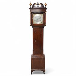 Neddy Wells of Shepley-18th century oak cased 30 hour longcase clock c 1760, with a swan n...