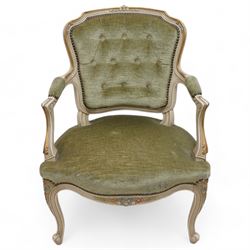 Louis XV design open armchair, white painted and parcel-gilt frame decorated with with painted floral patterns, upholstered in buttoned olive green fabric