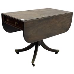 George III mahogany Pembroke table, moulded rectangular drop-leaf top with rounded corners, fitted with single cock-beaded end drawer, on turned pedestal with four reed moulded supports, brass cups and castors 