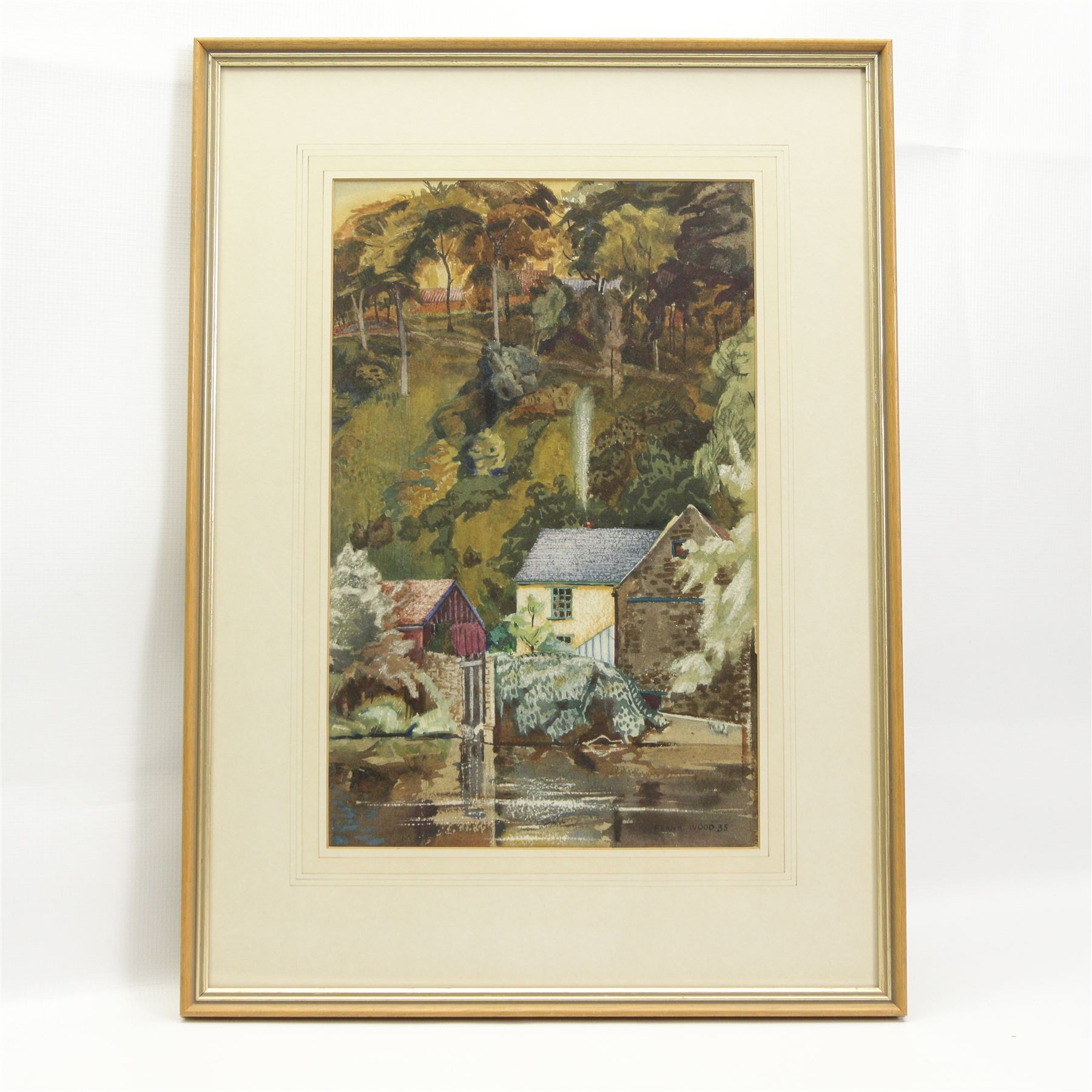 Frank Wood (Northern British 1904-1976): Riverside Cottages, watercolour signed and dated '35, 41cm x 26cm