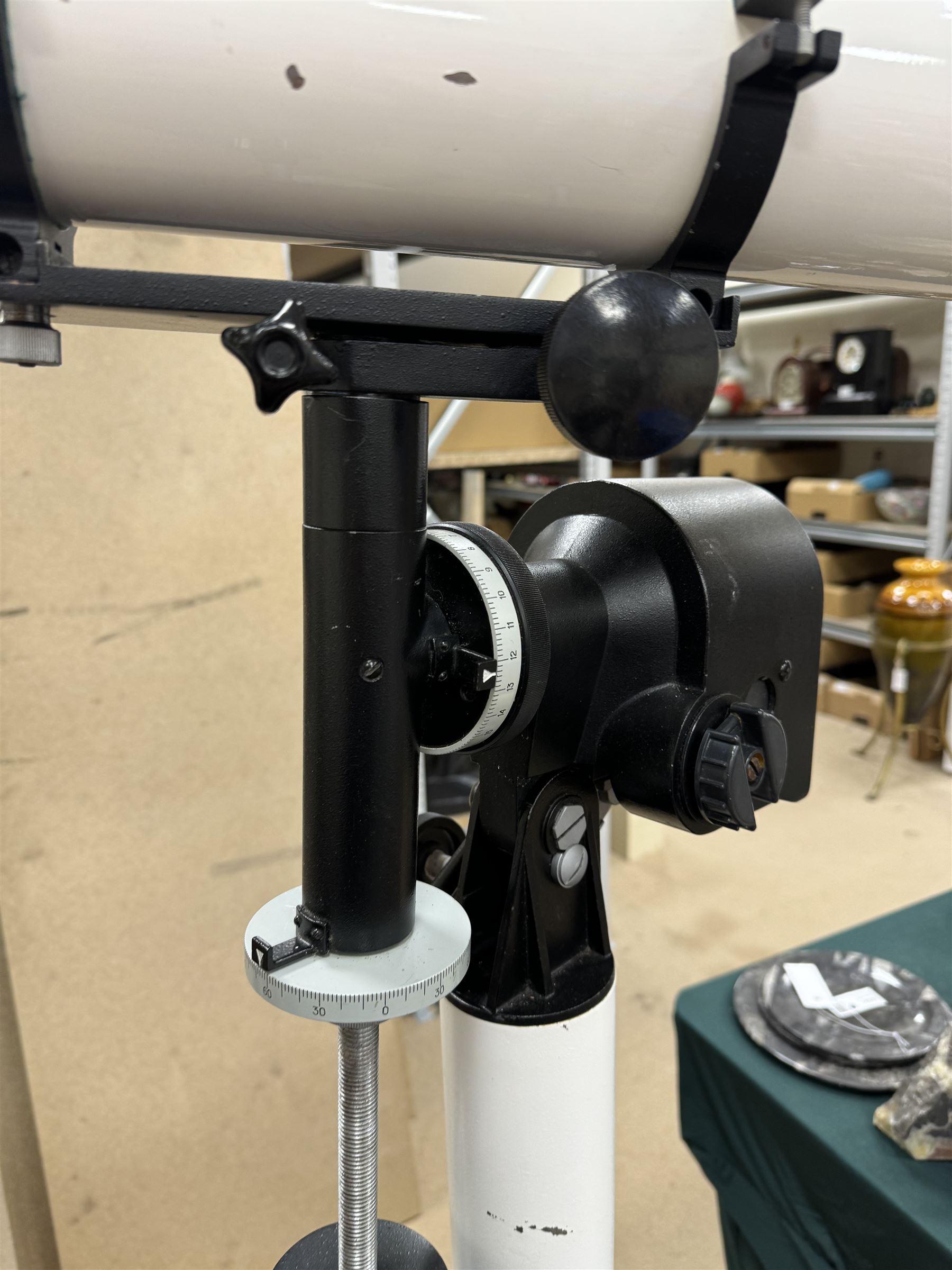 Tal-100R refractor telescope, the objective lens with dark purple coating and cylinder mounted with 6mm x 30mm finder scope, upon a pillar mount with right ascension clock drive, height when mounted H168cm, aperture 10cm, focal length 100cm 