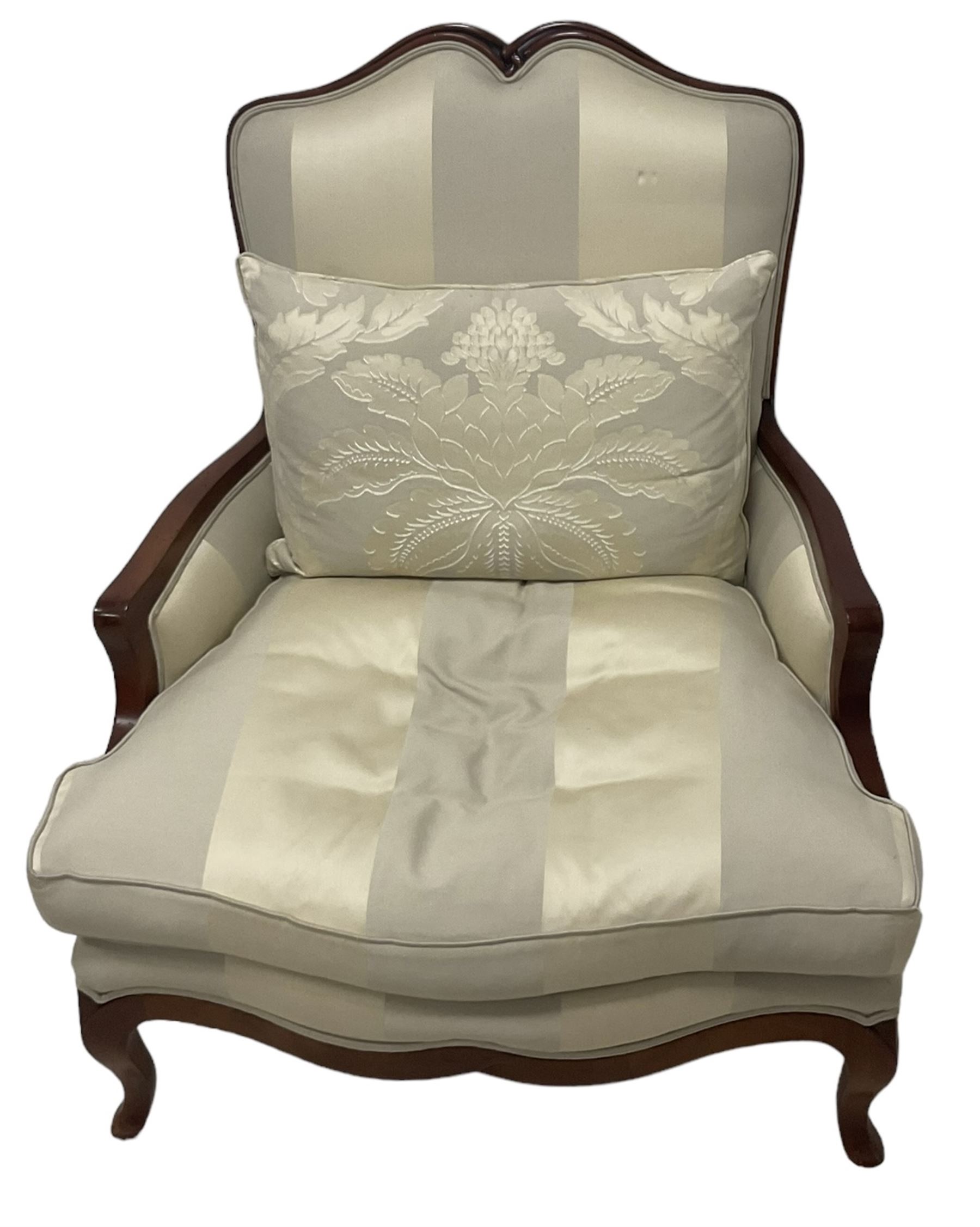 Duresta - French design hardwood-framed wide-seat armchair, shaped cresting rail over curved arms, upholstered in two-tone off-white striped fabric with loose seat cushion, shaped apron and cabriole feet 