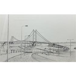 Neil Spilman (British 1951-): 'Humber Bridge from South Bank', pen sketch signed, titled and dated '81, 41cm x 65cm 