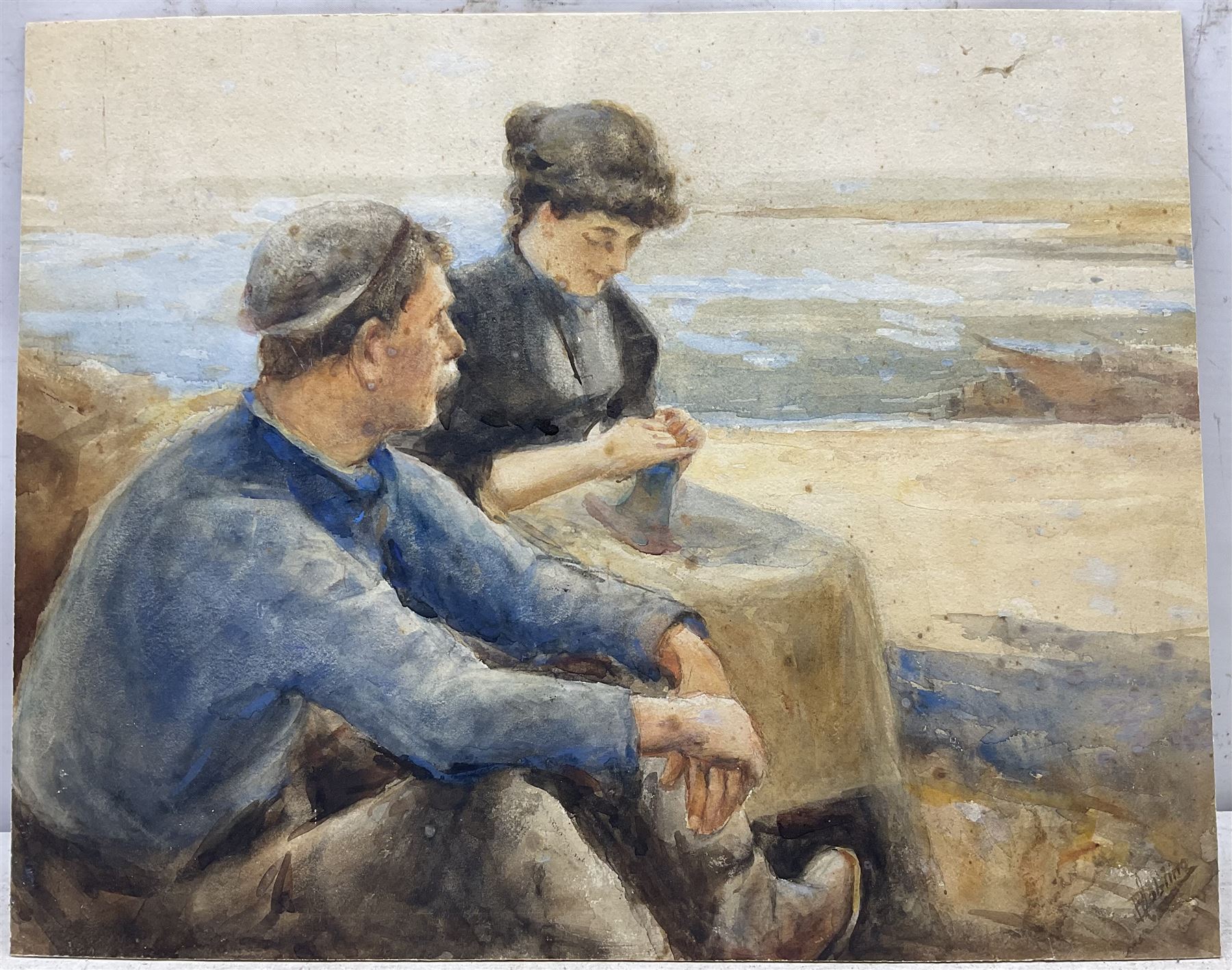 Robert Jobling (Staithes Group 1841-1923): Fisherman and his Wife, watercolour signed 35cm x 43cm