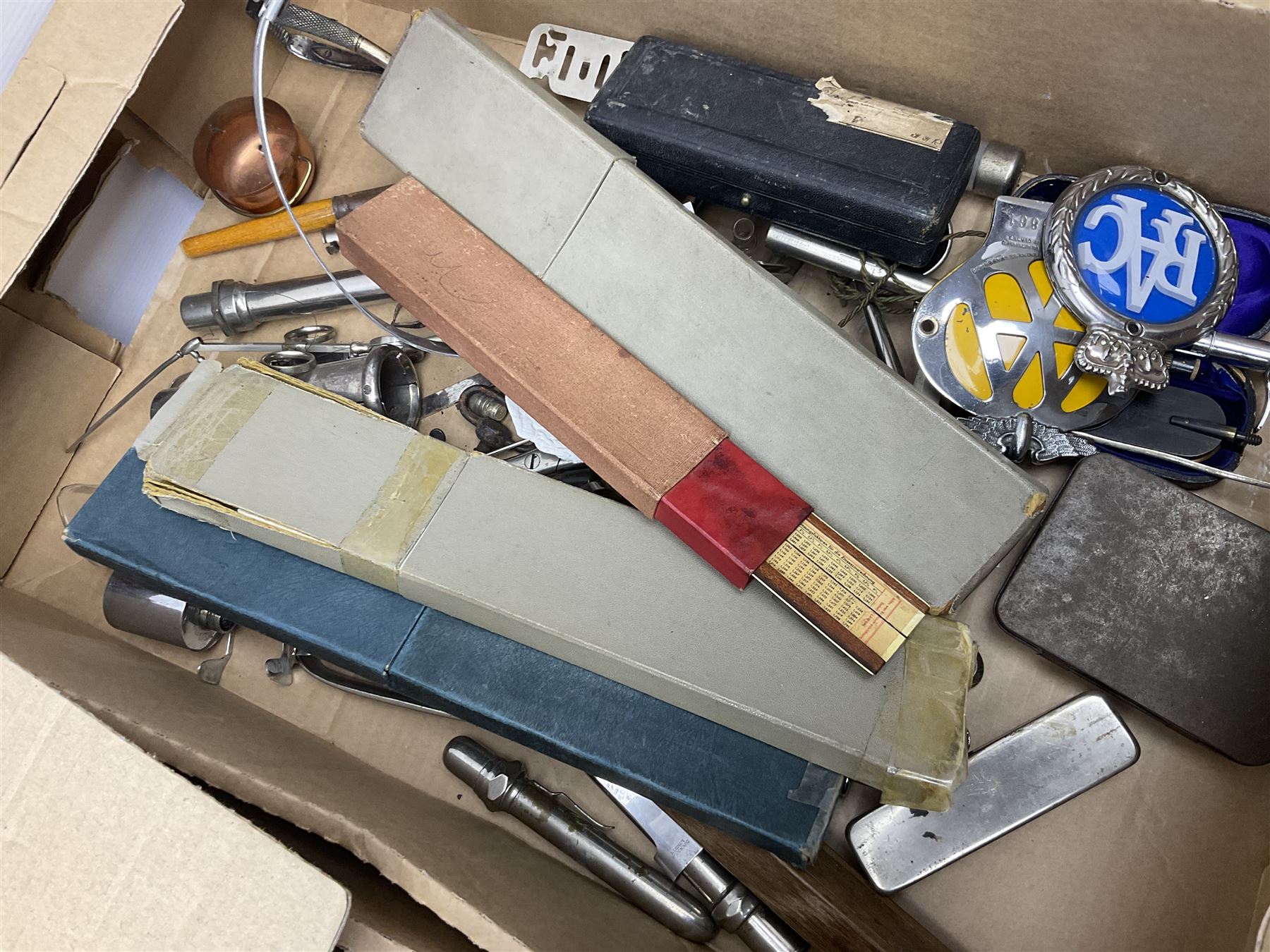 Collection of surgical and similar instruments, RAC and AA badges, and slide rules including Aristo examples, etc, in three boxes