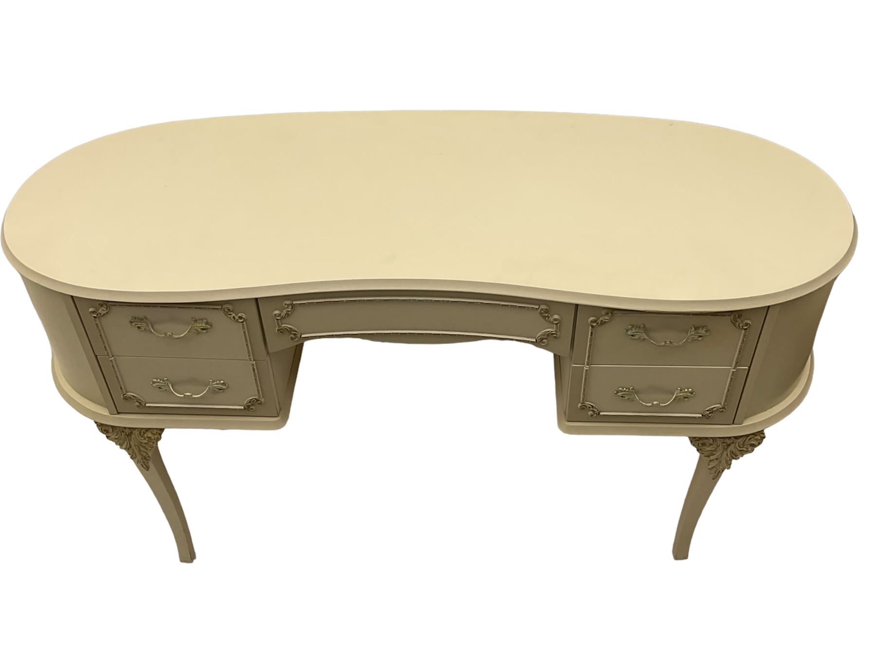 Mid-to-late 20th century cream and gilt kidney-shaped dressing table, fitted with five drawers, on cabriole supports 