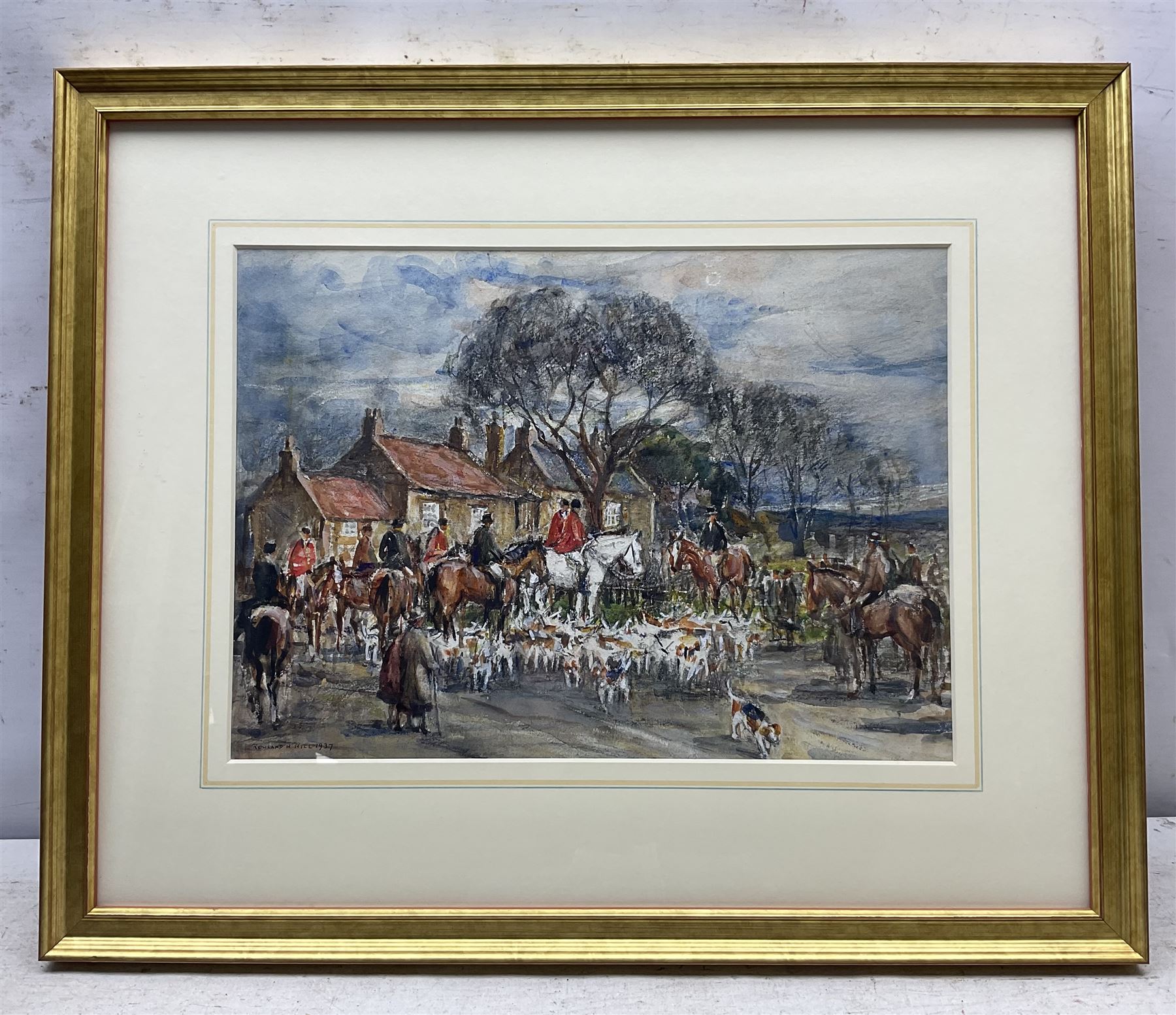 Rowland Henry Hill (Staithes Group 1873-1952): 'Goathland Hounds at Lythe', watercolour and gouache signed and dated 1937, original title label verso 26cm x 36cm