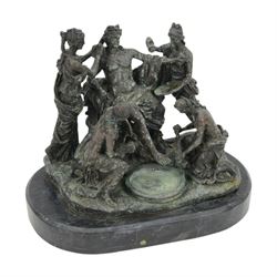 Bronze figure group, modelled as four female figures in neoclassical dress bathing a seate...