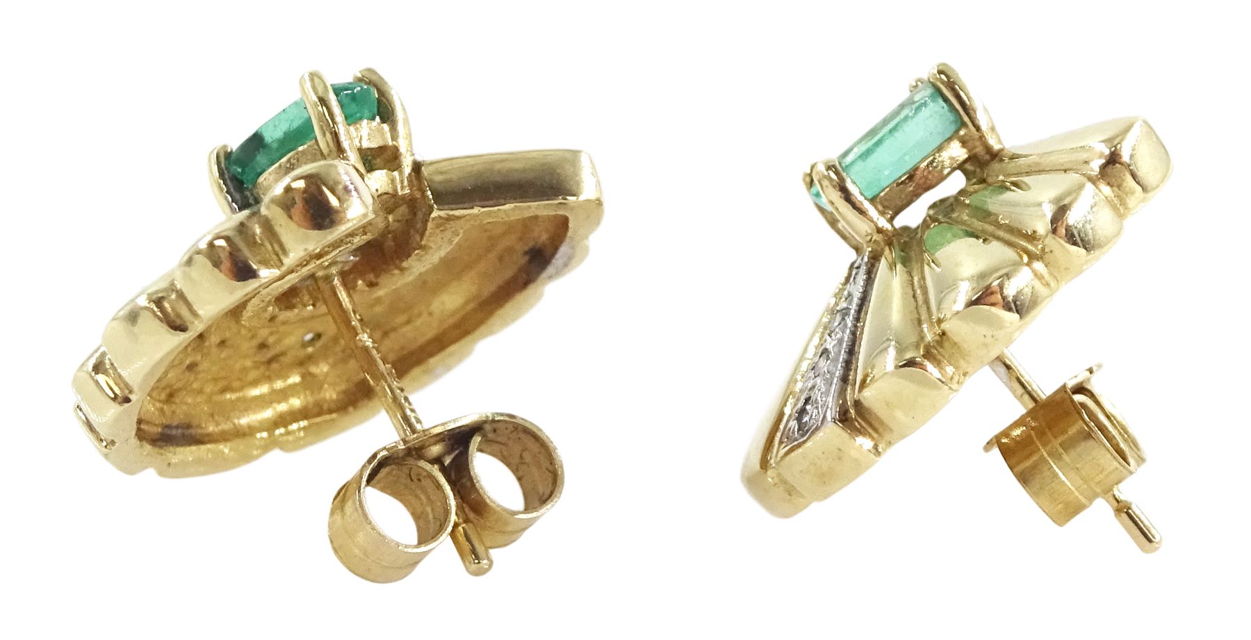 Pair of 9ct gold emerald and diamond fan design stud earrings, London 1992