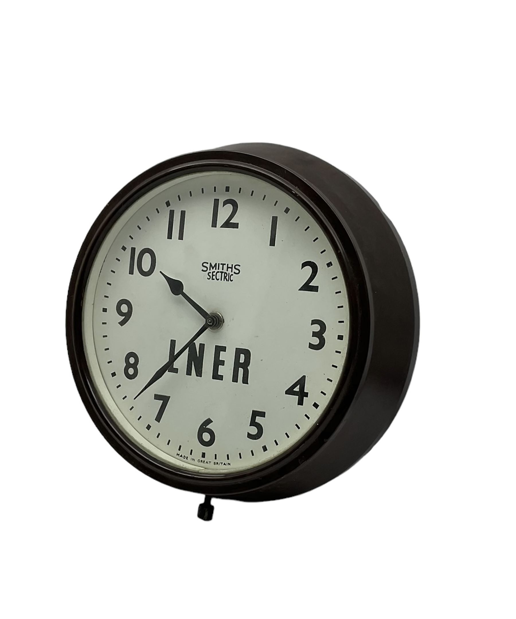 Smiths - Two 1950's Smiths mains operated Sectric clocks in Bakelite cases. Circular office wall clock with Arabic numerals and spade hands inscribed LNER. Ivory Bakelite cased mantle clock with alarm and repeat function.