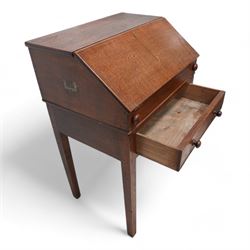 18th century oak campaign bureau, the removable top section enclosed by sloped lid, with fitted interior and carrying handles, on stand fitted with single drawer on square tapering supports