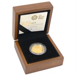 Queen Elizabeth II 2011 gold proof quarter ounce Britannia coin, cased with certificate