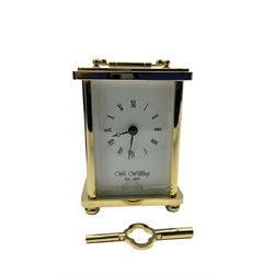 William Widdop - 20th century 8-day  brass cased carriage clock with an enamel dial, Roman numerals, minute track and steel moon hands, single train timepiece movement with a lever platform escapement, housed in a bespoke leather case, with key. 