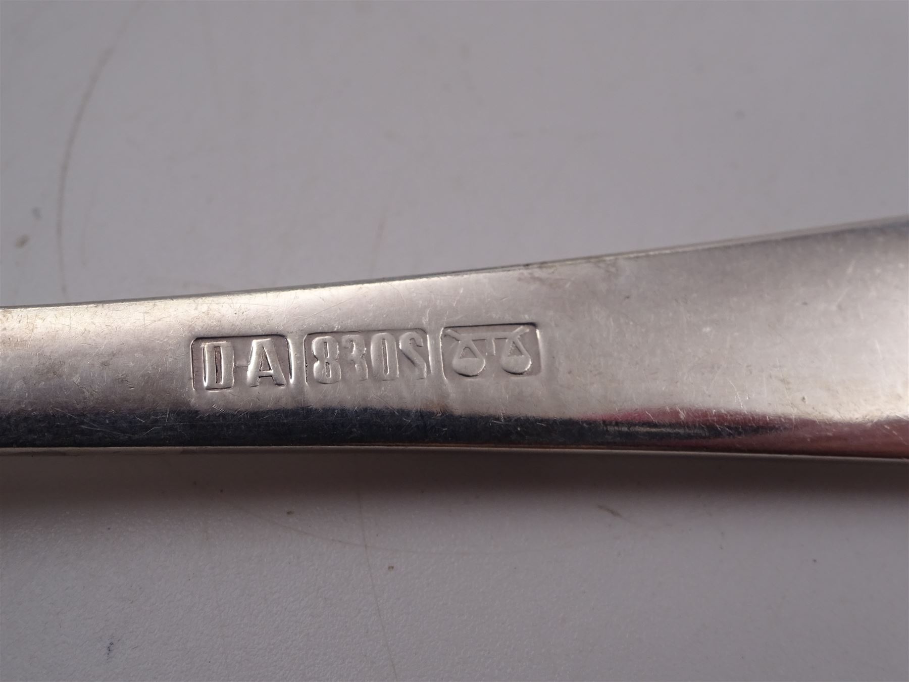 Norwegian silver serving fork and spoon, engraved with initial K to terminal, by David Andersen, stamped D-A 830s 