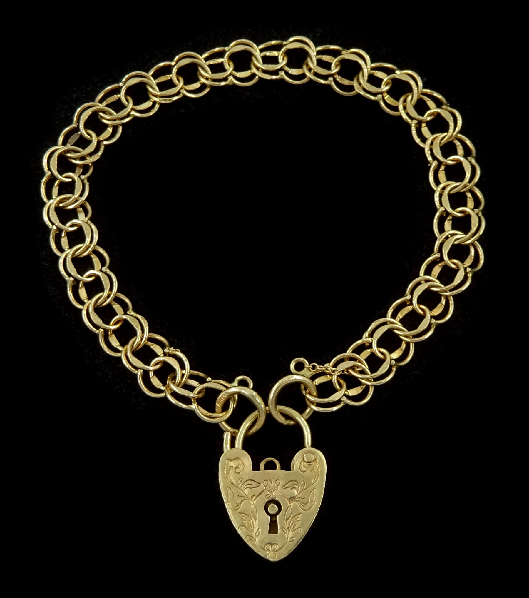 9ct gold double curb link bracelet, with heart locket clasp, hallmarked