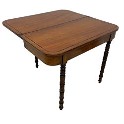 Early 19th century mahogany tea table, rectangular fold-over top with rounded corners, inlaid with mahogany banding, the plain frieze with mahogany stringing, raised on gate-leg action ring turned supports