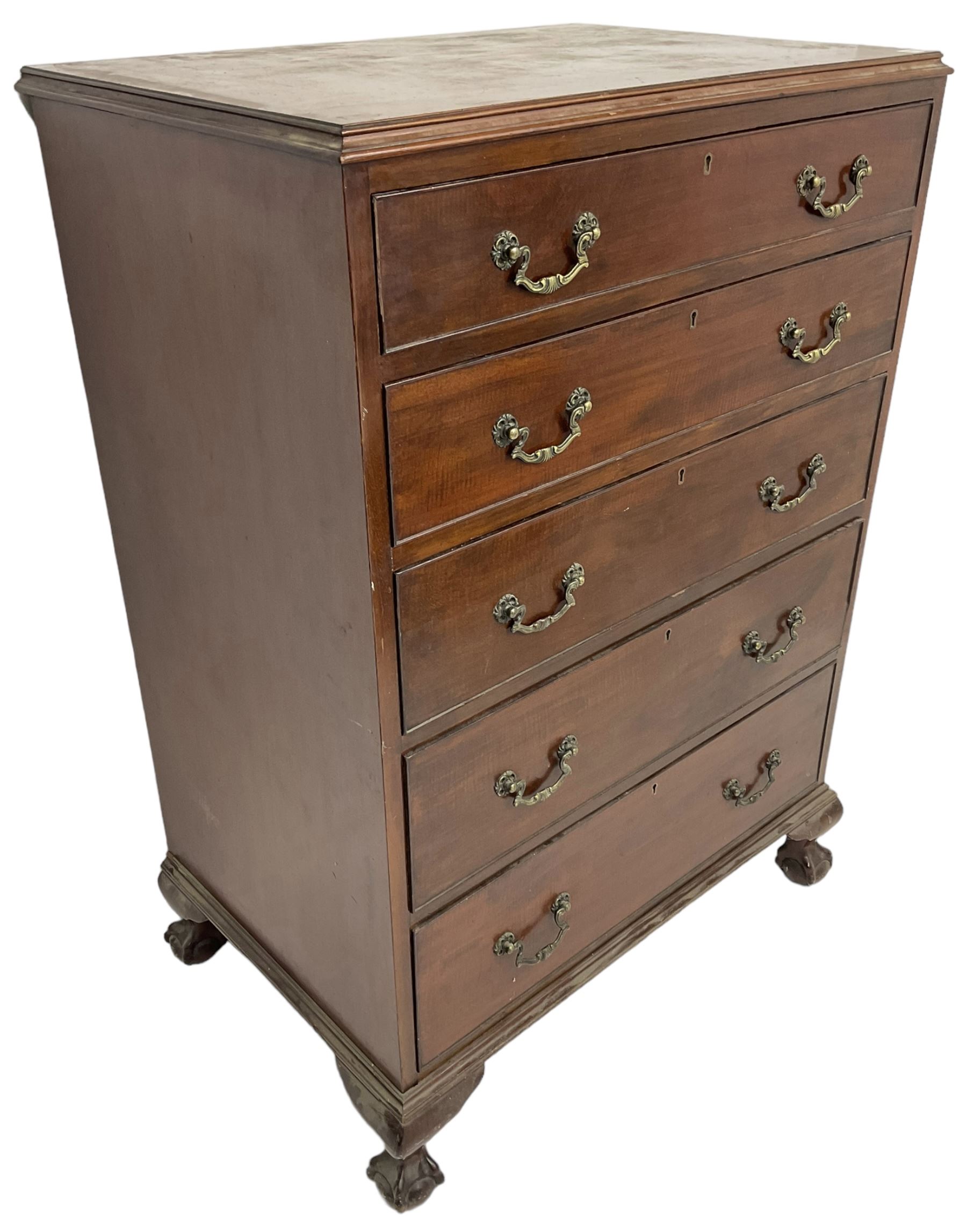 Early 20th century Georgian design chest, fitted with five graduating cock-beaded drawers, lower moulded edge over ogee supports with ball and claw feet