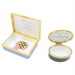 Halcyon Days rectangular box decorated with 'Peach Trees in Colour' after Van Gogh, the interior decorated with Guy Reed's racing colours 8.5cm x 6.5cm and an oval enamel box by Toye, Kenning & Spencer with a horse racing scene, interior inscribed 'Celebrating 25 years Timeform Charity Day' (2)